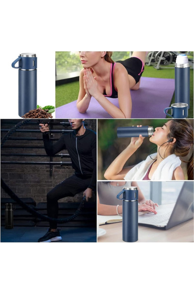 OEM Set Termos Inox 500 ml cu 3 Cești 150 ml, Izolat Termic, pentru Băuturi Calde/RecI, Albastru
