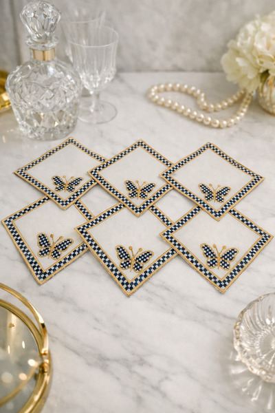 ZORENSA Butterfly Embroidered Gold Plaid Cocktail Napkin Holder Set of 6 – 13...
