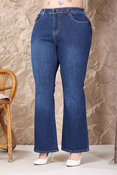 Era Lisa Lacivert İspanyol Paça Büyük Beden Jeans Pantolon.