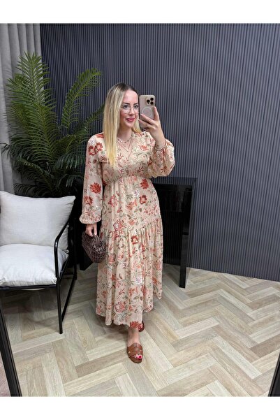 Byelifdursun Çiçekli Şifon Kumaş Beli Lastikli Şifon Elbise Yavruağızı