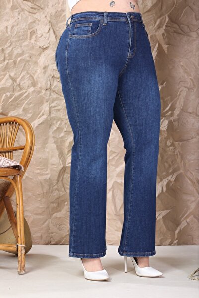 Era Lisa Lacivert İspanyol Paça Full Likralı Büyük Beden Jeans Pantolon.