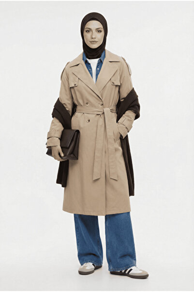 Armine TREND Kruvaze Kapamalı Düğmeli Belden Kuşaklı Kap Bej 26YT707