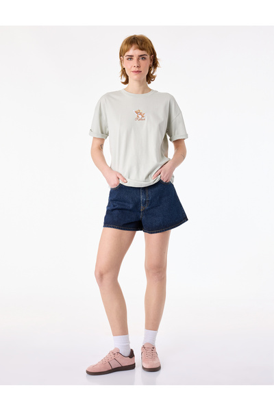 Koton Άνετο μπλουζάκι με κοντό μανίκι, βαμβακερό, με στάμπα και λαιμόκοψη ποδ...