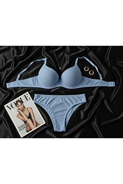 WOMEN'S WORLD FANTASY طقم حمالة صدر زرقاء مزخرفة بخطوط مع دعم