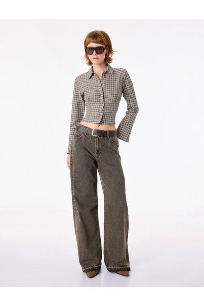 Koton Cămașă crop în carouri, cu mânecă lungă, croială slim și guler clasic