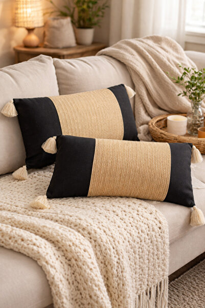 OEM Set 2 Perne Decorative , Negru cu Ciucuri Bej, 70x30cm
