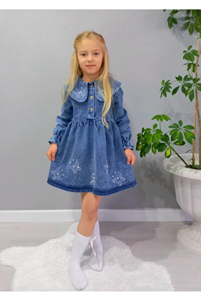 DUDOR KİDS KIZ ÇOCUK KELEBEK TAŞ İŞLEMELİ KOT/JEANS ELBİSE-BAYRAMLIK