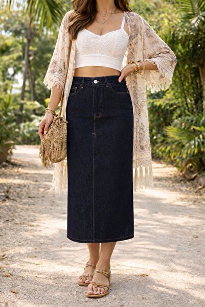 Dema Бавовняна висока талія темно-синя спідниця до щиколотки, що піддається п...