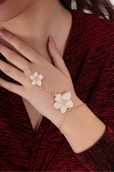 EKİDORA Women's Ecru Gold Enamel Shahmeran Bracelet Floral Model