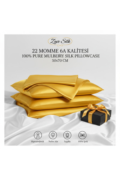ZAVO Silk %100 Saf Dut İpeği Yastık Kılıfı 2 Adet 22 Momme Altın Seri