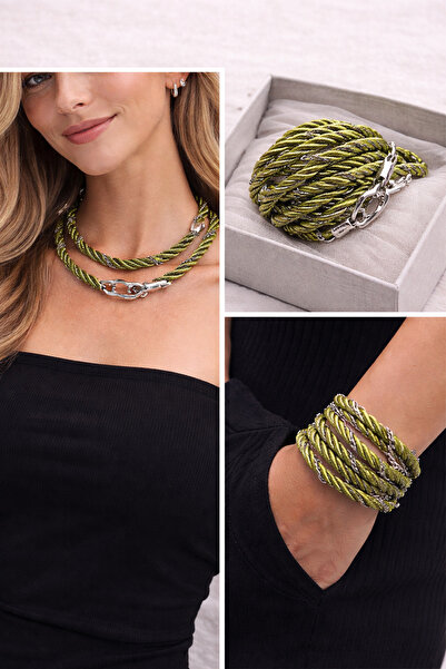 Kutcha Accessories قلادة أو سوار من سلسلة كوتشا باللون الأخضر الزيتي