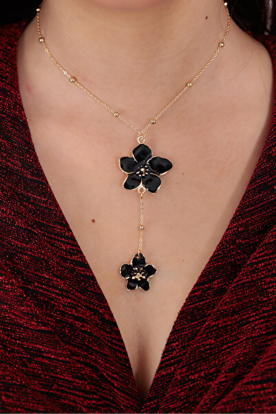 EKİDORA قلادة نسائية ذهبية على شكل حرف Y مع زهرة سوداء