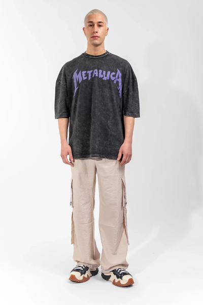 Sokak Butik Yıkamalı Metallica Mor Sırt Baskılı Siyah Unisex Oversize Tshirt