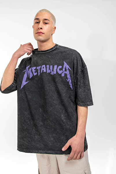 Sokak Butik Yıkamalı Metallica Mor Sırt Baskılı Siyah Unisex Oversize Tshirt