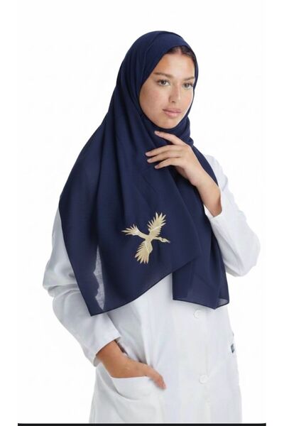 Veil Designer A navy blue scarf with gold embroidery on both sides in the sha...
