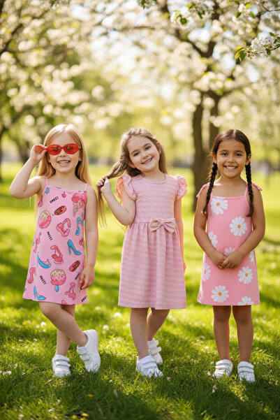 minikiss 3 Τεμάχια Καλοκαιρινό εμπριμέ Lycra Κοριτσίστικο Φόρεμα 3 τεμαχίων