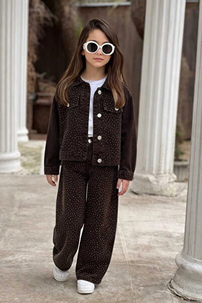 DUDOR KİDS Set pantaloni și jachetă din denim maro cu aplicații de piatră pen...