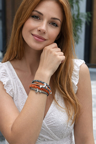 Kutcha Accessories Kadın Gri Turuncu Gümüş Kaplama Örgü Detaylı Süet Bileklik