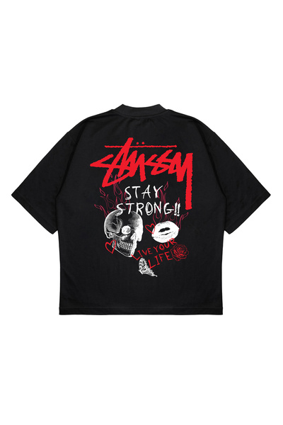 PURE EFFECT Tricou unisex supradimensionat STUSSY STAY STRONG, cu imprimeu, c...