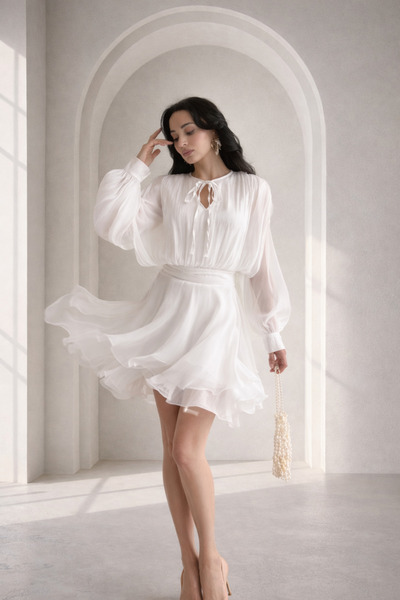 Rabia Çelik Kadın Beyaz Göğüsü Bağlamalı Eteği Katlı Mini Elbise