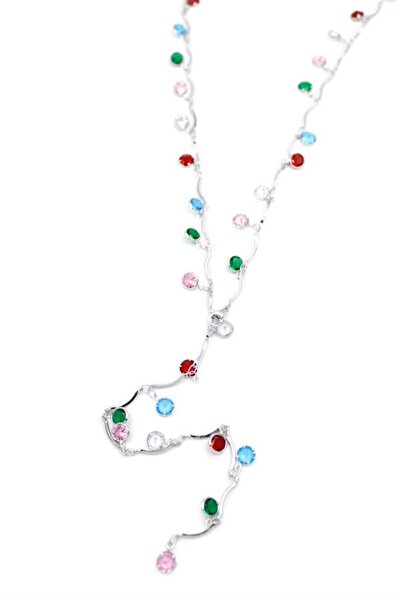 Mestore قلادة حجر ملون على شكل حرف Y - فضي