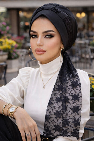 Aişe tesettür Siyah Dantel Fularlı Bone