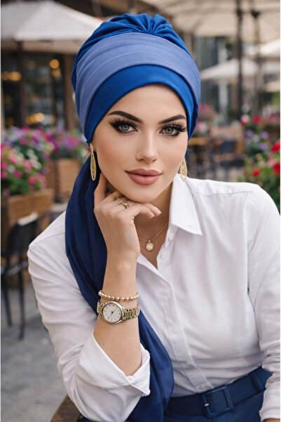 Aişe tesettür Koyu Mavi Batik Fularlı Desen Fularlı Bone