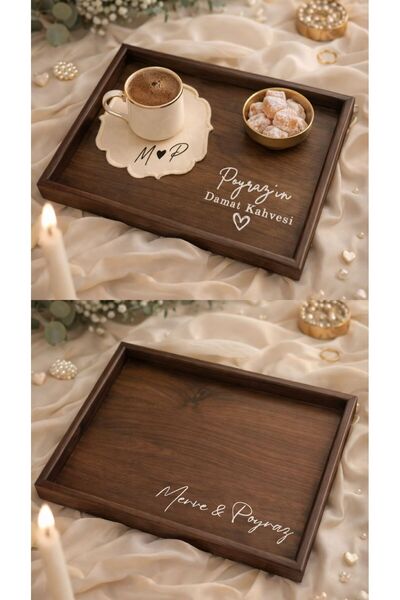 LikyaDükkan Kişiye Özel İsimli Söz Nişan Ahşap Kahve ve Yüzük Tepsisi Seti Pe...
