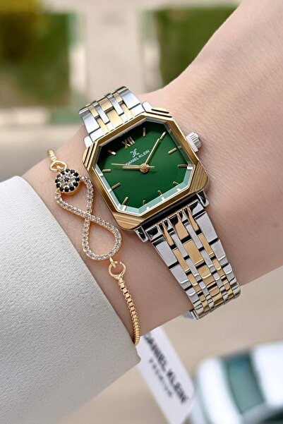 Daniel Klein Gold Gümüş Yeşil Renk Hediye Paketli 23 Mm Kare Kadın Kol Saati ...