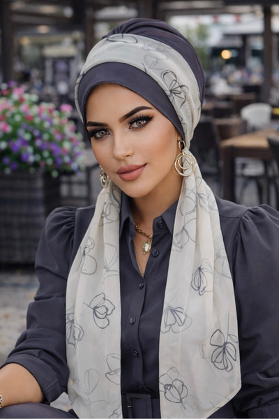 Aişe tesettür Antracit beli šal sa cvetnim uzorkom