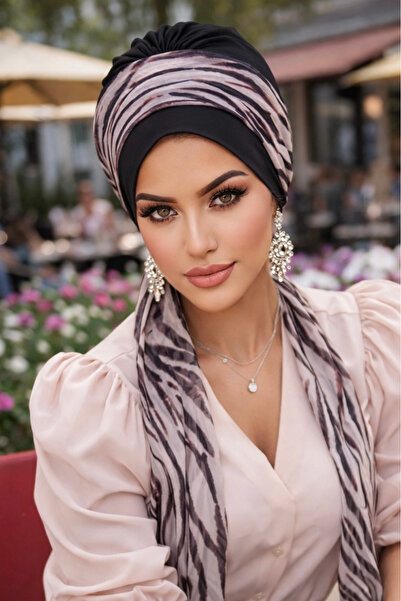 Aişe tesettür Siyah Zebra Desen Fularlı Bone