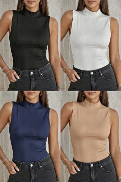 Sashaa Collection Kadın 4'lü Sıfır Kol Body- Siyah, Beyaz, Lacivert, Bej