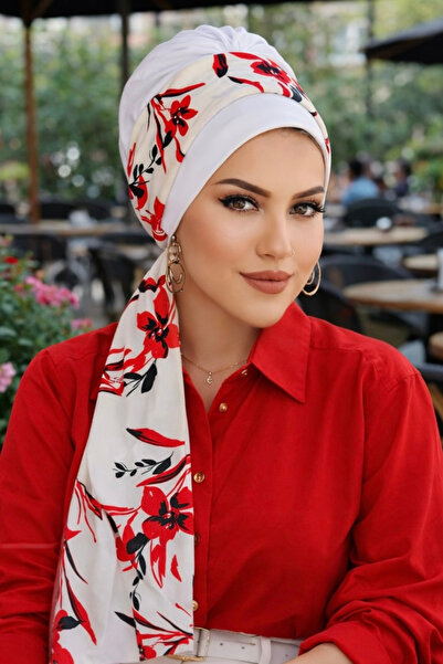 Aişe tesettür Boneta eșarfă cu model de flori roșii și albe