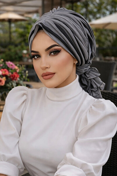 Aişe tesettür Siyah Gri Tokalı Bone
