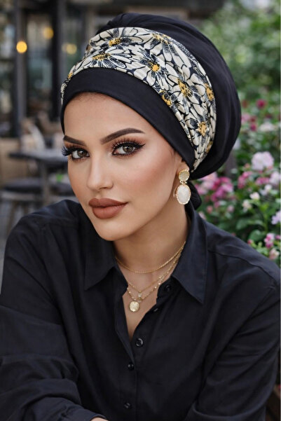 Aişe tesettür Boneta cu bandă cu model negru ecru