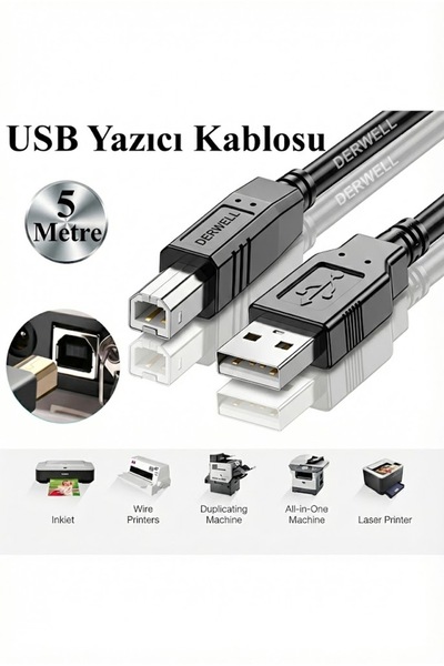 Derwell 5 Metre 5mt Yazıcı Kablosu Ara Printer Usb Bağlantı Kablosu Network Lazer Hp Canon Brother Kablosu