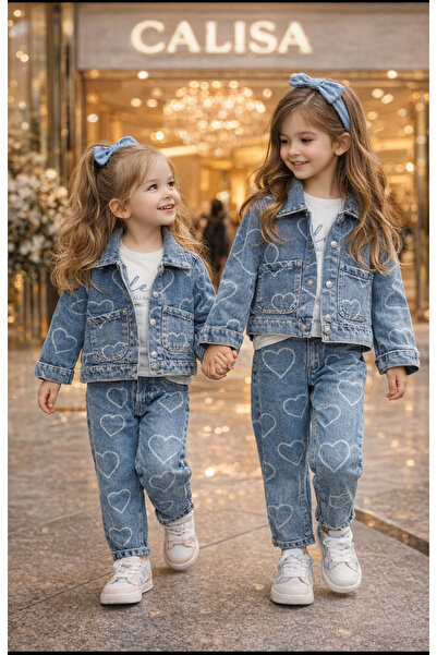 CALİSA Girl's Denim Jacket, T-Shirt, Pants 3-Piece Holiday Set |   Heart Deta...