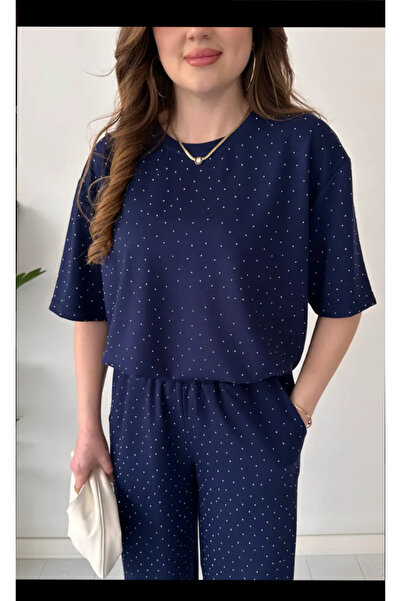 Perry Boutique Women's Navy Blue Stone Detailed Top and Bottom Two-Piece Set