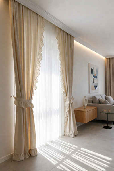 MZN Home ستارة كتان بيج عتيقة الطراز مع كشكشة على الحواف - مع حلقات، 100% طبي...