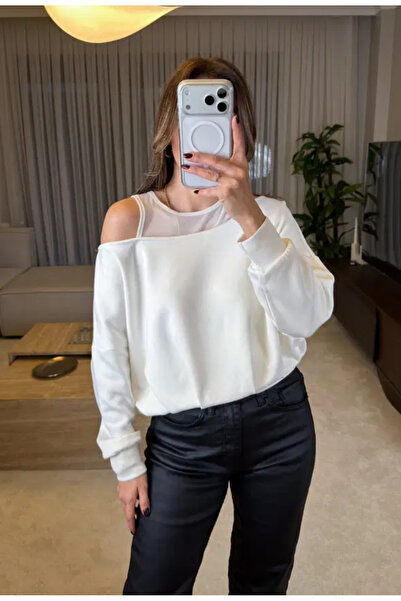 Perry Boutique Γυναικεία μπλούζα από λευκό τούλι με λεπτομέρειες και ανοιχτού...