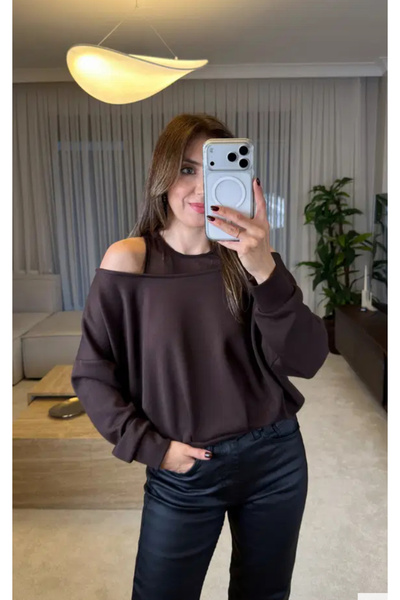 Perry Boutique Γυναικεία μπλούζα από καφέ τούλι με λεπτομέρειες και ανοιχτούς...