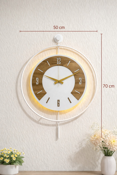Pey Aksesuar 50x70 cm Metal Ahşap Ve Işığın Muhteşem Uyumu Duvar Saati dekoratif