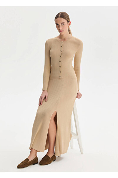 Knitss Yırtmaç Detaylı Bej Triko Etek