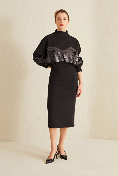 Jus De Pommes BLACK STAND NECK SEQUINES DETAILED MIDI DRESS