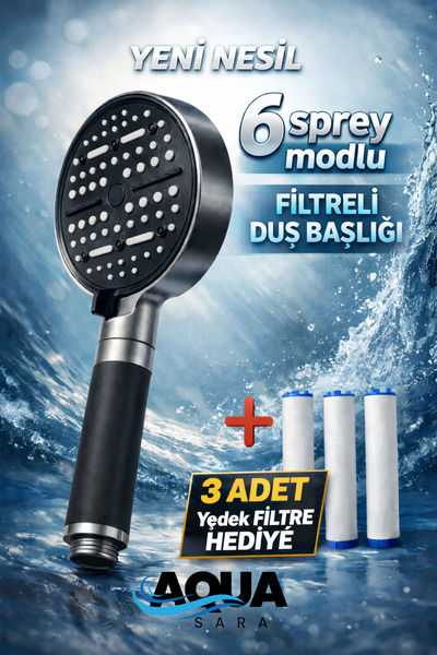 Aqua Sara 6 Fonksiyonlu Filtreli Duş Başlığı (3ADET Yedek Filtre)| Su Arıtmal...
