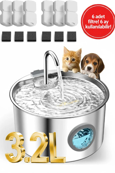 MAVLET 3.2L Paslanmaz Çelik Otomatik Kedi Su Pınarı - 6 Yedek Filtreli (Adapt...