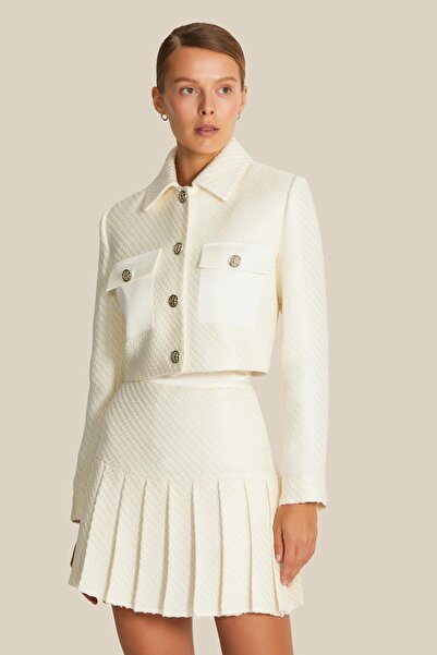 rue Saten Cep Detaylı Ekru Crop Tüvit Ceket