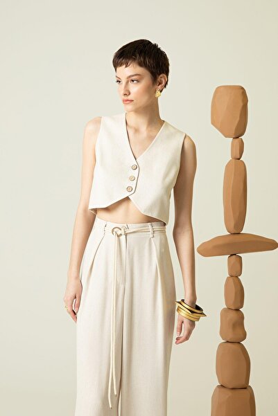 Rue Studio V Yaka Kolsuz Ekru Crop Yelek