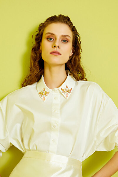 Jus De Pommes EKRU YAKASI TAŞLI OVERSIZE KADIN GÖMLEK