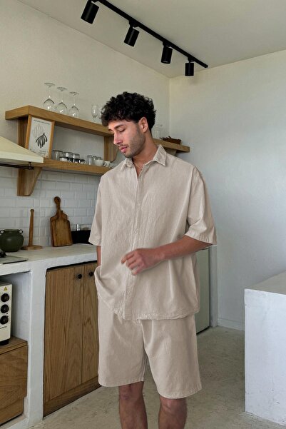 Flaw Wear قميص كريم بيسك قصة فضفاضة من الكتان بأكمام قصيرة باللون البيج